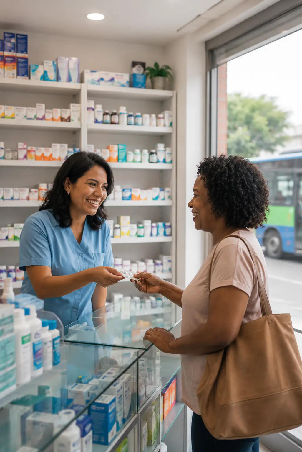 Farmacéutico atendiendo a una clienta en el mostrador de una droguería